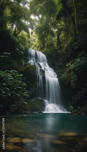 waterfall in the equatorial rain forest with soft light