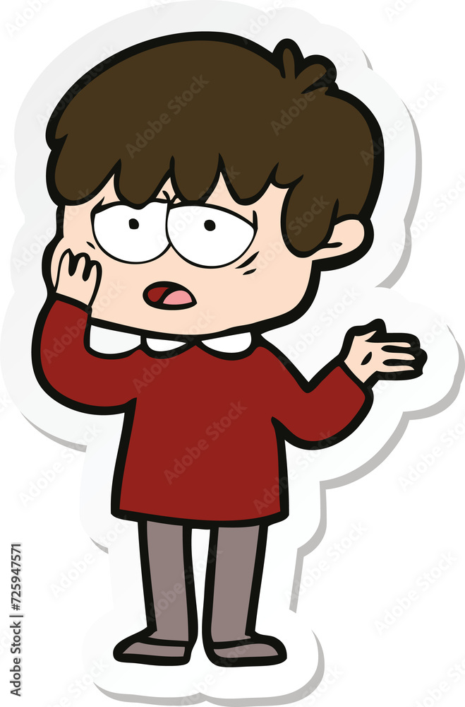 sticker of a cartoon exhausted boy sticker of a cartoon exhausted boy