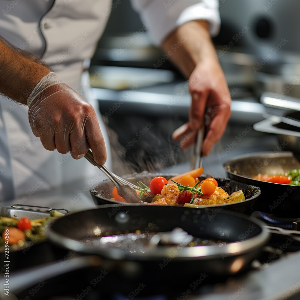 Chef cooking in kitchen, meal preparing Chef cooking in kitchen, meal preparing