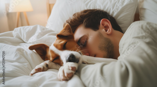 Young man and dog sleeping together in white bed at home photo