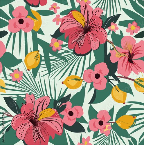 Vector bright summer pattern with tropical flowers
of hibiscus, lemons, 
palm leaves on white background. Floral 
fashion ornament for women clothing, fabric, 
textile, paper, notepad, card, packaging