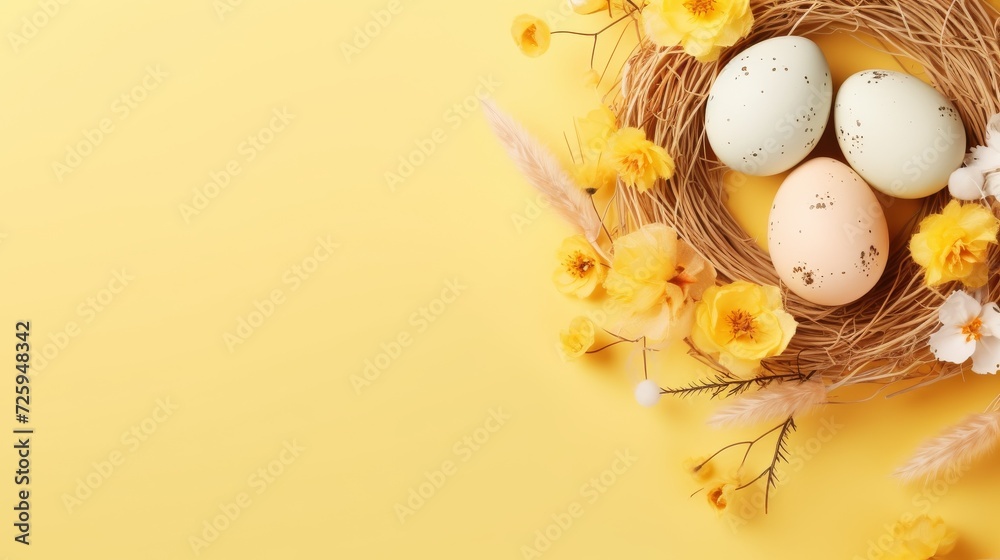 Birds Nest With Eggs and Flowers on Yellow Background