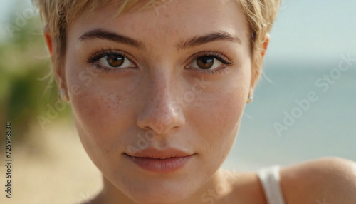 Young Blonde Woman with Distinct Freckles and Engaging Smile - Creative Portrait with Brown Eyes and Short Pixie Cut