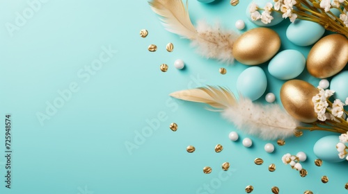 Blue and Gold Background With Eggs, Feathers, and Flowers