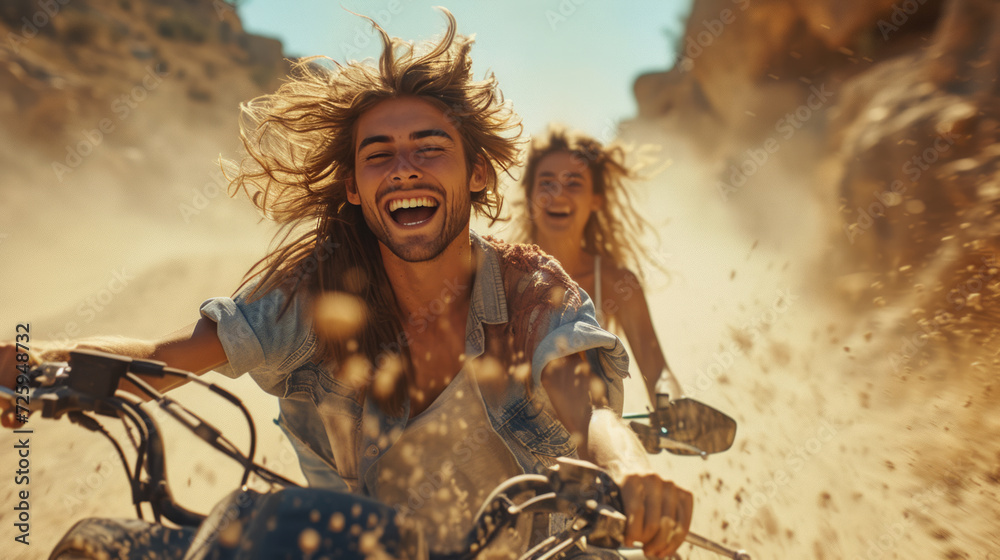 Cheerful young couple on a off road adventure excursion in desert. Off-road quad bike