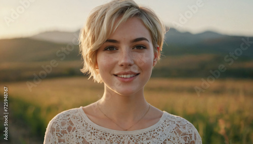 Young Blonde Woman with Freckles Smiling in Soft Sunlight - Creative Pixie Cut Portrait