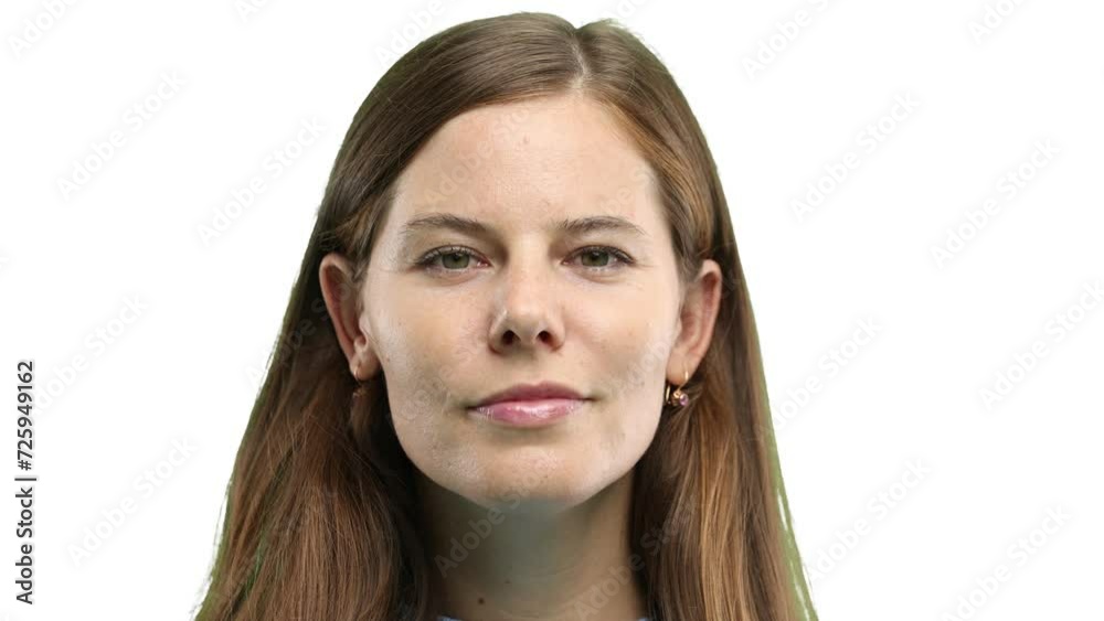 Woman's face, close-up, on a white background Woman's face, close-up, on a white background