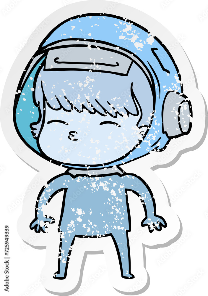 distressed sticker of a cartoon curious astronaut distressed sticker of a cartoon curious astronaut