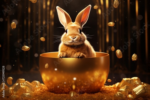 Rabbit Sitting in Bowl Amongst Gold Coins photo