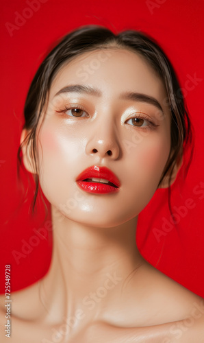 Portrait of young beautiful Asian woman with perfect smooth skin and red lips isolated over red background  concept of plastic surgery  cosmetology  skin care