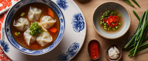 A vibrant and colorful setting of a single dumpling, half-submerged in a clear, aromatic broth. The bowl is set on a brightly patterned cloth, with ingredients like ginger, green onions