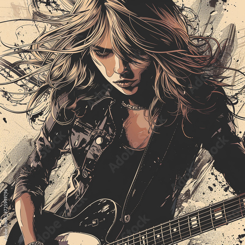 Stylized woman electric guitar player in action