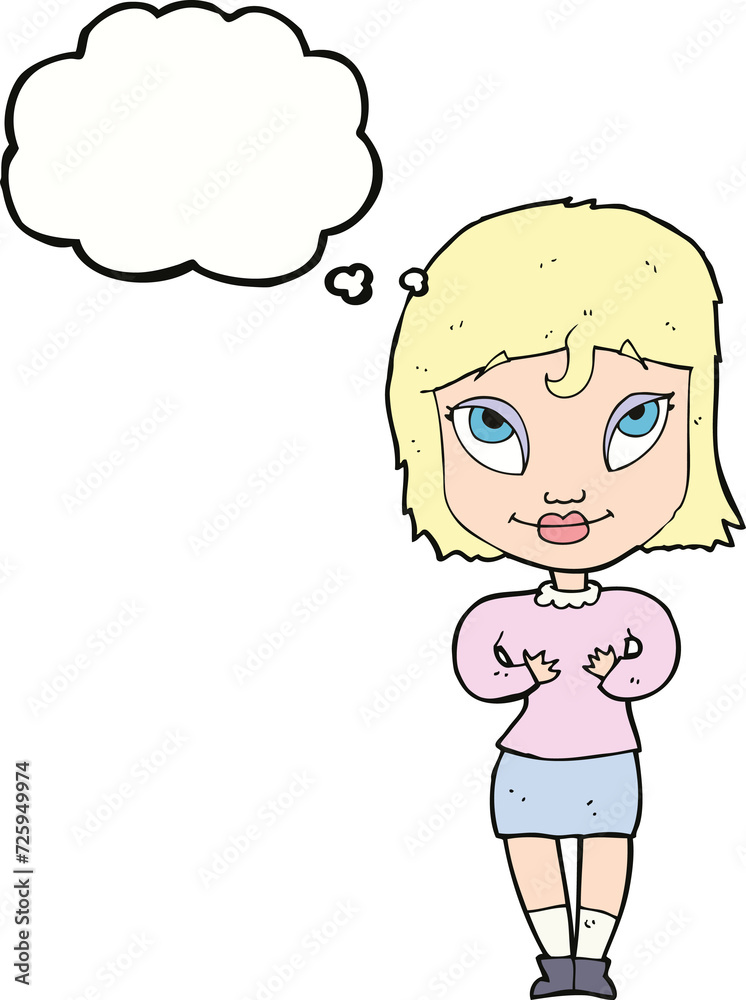 cartoon woman gesturing at self with thought bubble cartoon woman gesturing at self with thought bubble