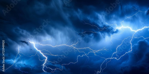 Electric lightning storm, with jagged streaks of blue and white against a dark sky photo
