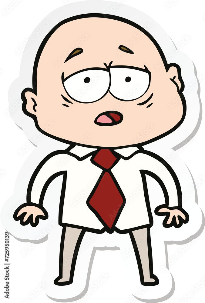 sticker of a cartoon tired bald man in shirt and tie