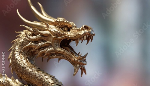 A golden-colored dragon figure or statue. An element of decoration and symbol in cultural and religious countries of East Asia. Concept of Chinese New Year and zodiac. copy space  card  poster