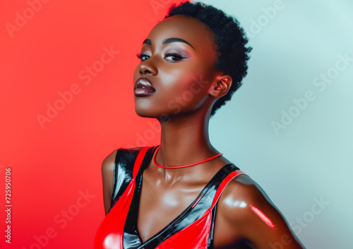 Portrait of a African American model  Lady with Elegant Style  Glamorous Makeup  and Posing Gracefully in a Studio Setting  red theme