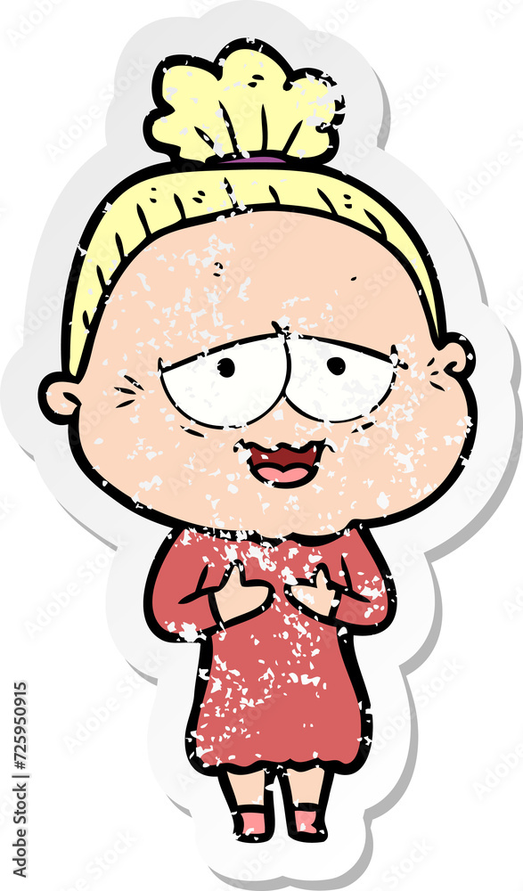 distressed sticker of a cartoon happy old lady distressed sticker of a cartoon happy old lady