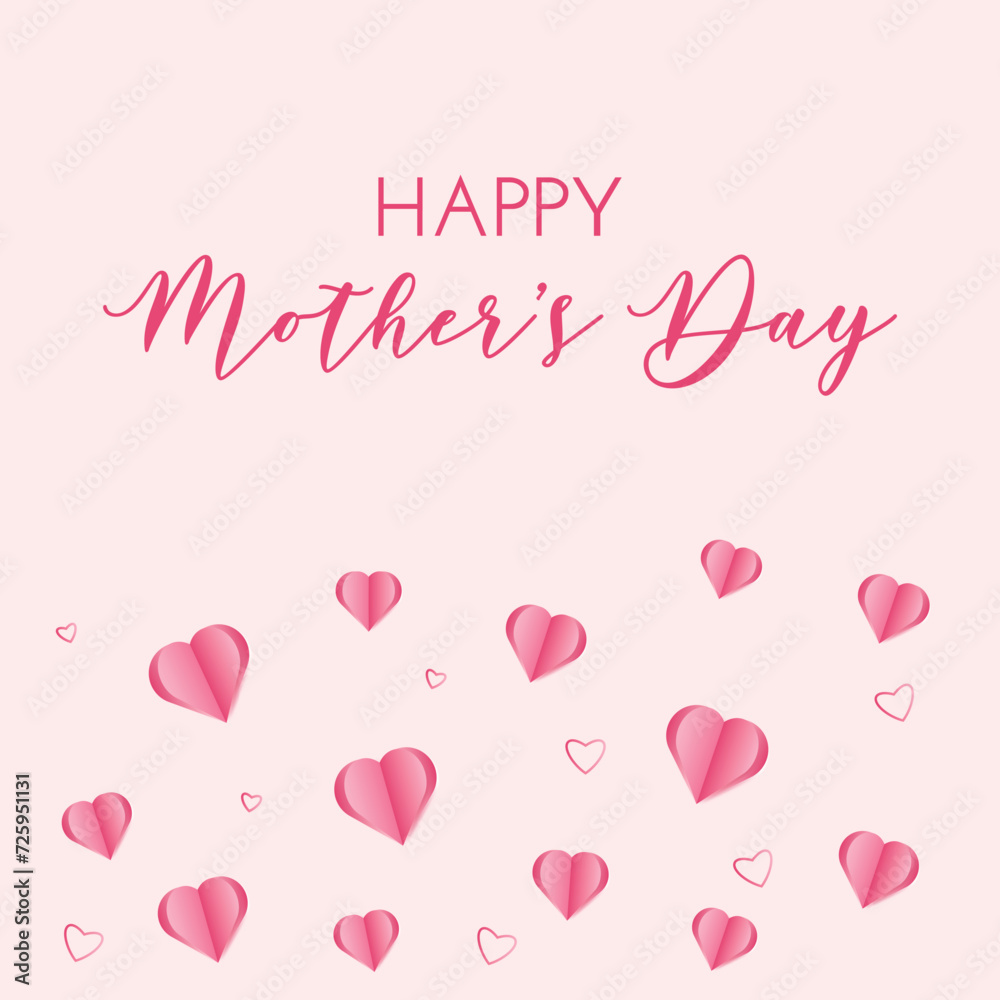 Mother's day greeting card. Pink paper hearts. Vector festive mom postcard, banner, cover, social media
