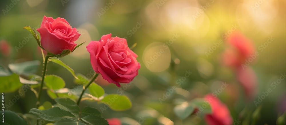Bengal Rose in garden with green leaves, selective focus and blurry backdrop.