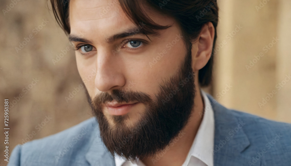 Fototapeta premium Elegant Young Brunette with Groomed Beard and Confident Smile - Headshot Portrait in Soft Light