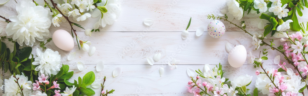 Banner with Easter eggs and spring flowers on a white wooden background