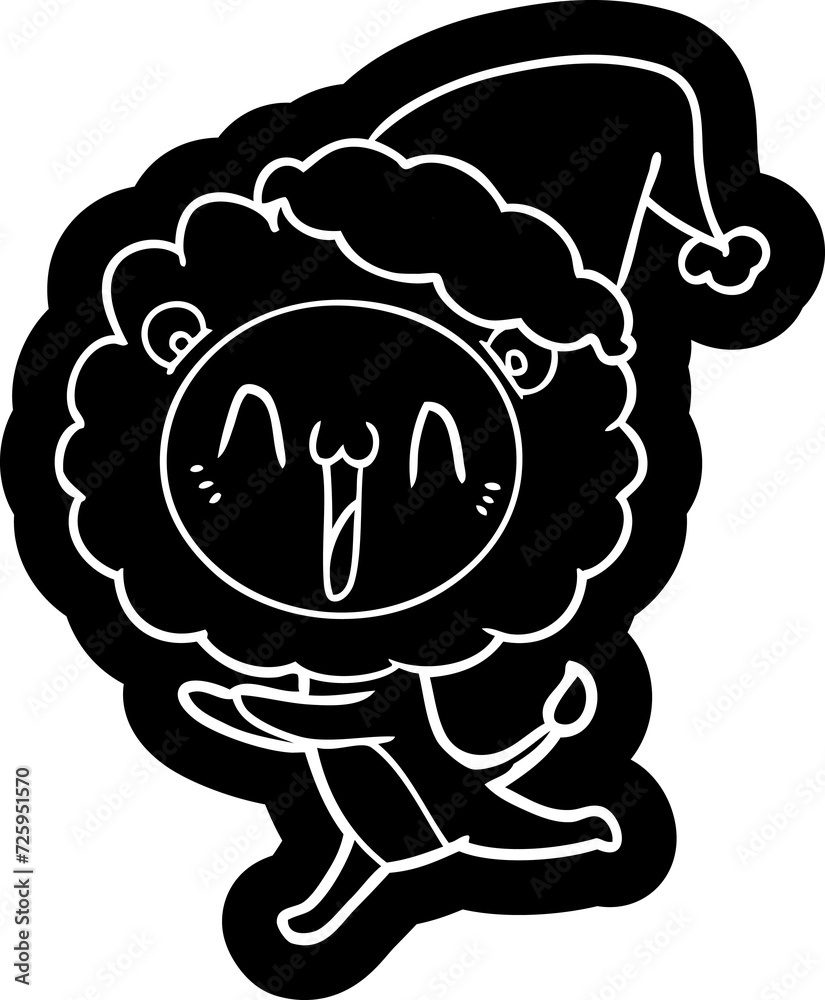 happy cartoon icon of a lion wearing santa hat