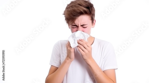 Teenage Man Sneezing with Paper Napkins: AI Generative Art, Isolated on White Background photo