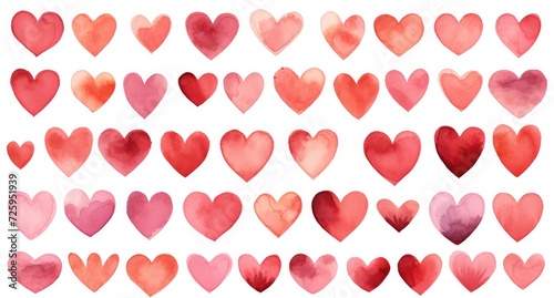 Watercolor Hearts in Various Designs and Colors, Light Red and Crimson, Faded Palates, Pink and Crimson, Spare and Elegant Brushwork photo