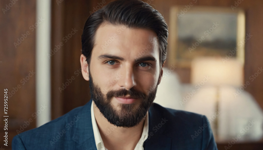 Young Elegant Man with Confident Smile and Thick Beard in Blue Suit and Pinstripe Shirt