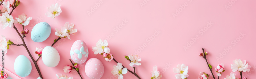 Banner with Easter eggs and spring flowers on a pink background. Banner with Easter eggs and spring flowers on a pink background.