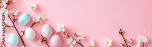 Banner with Easter eggs and spring flowers on a pink background.