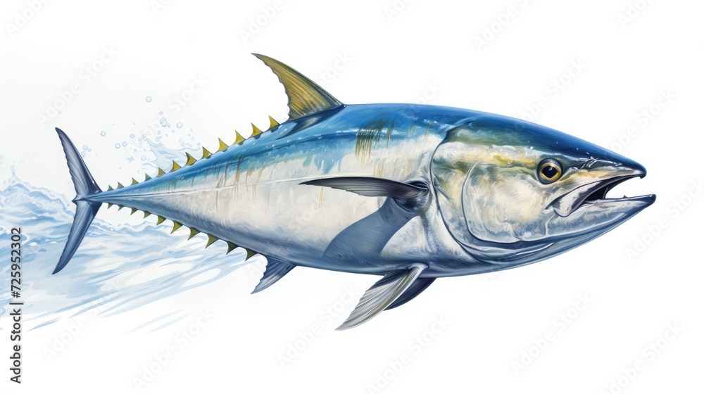 Fresh single tuna isolated closeup. Realistic illustration of tuna on a white background. Tuna dish. Fish shop banner logo. Sale of fish. Tuna print on paper or fabric. Fresh catch, fishing. Fresh single tuna isolated closeup. Realistic illustration of tuna on a white background. Tuna dish. Fish shop banner logo. Sale of fish. Tuna print on paper or fabric. Fresh catch, fishing.