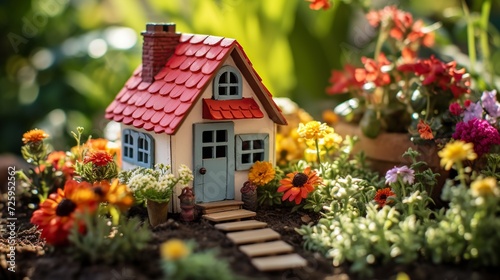 illustration cartoon, cute miniature house with a garden full of flowers