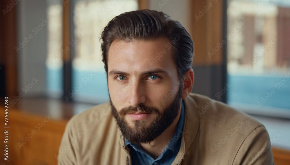 Elegant Young Man with Beard and Glasses - Confident Sitting Portrait in Office Setting Elegant Young Man with Beard and Glasses - Confident Sitting Portrait in Office Setting