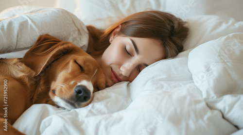 Young woman and dog sleeping together in white bed at home
