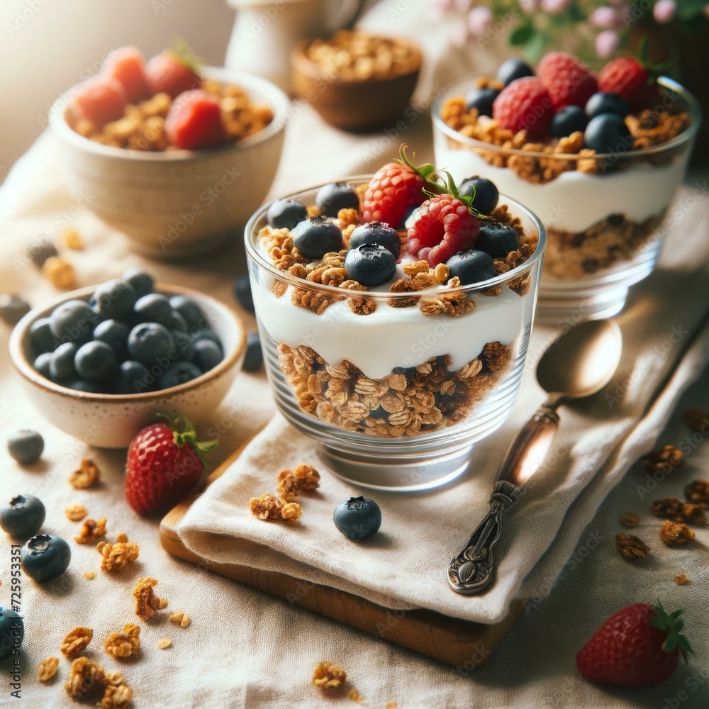 Healthy Breakfast Parfait with Fresh Berries and Granola, Wellness Concept Healthy Breakfast Parfait with Fresh Berries and Granola, Wellness Concept