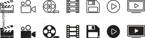 Video and movie icons, video camera, film, memory card, video start button, TV.