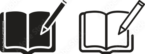 Two icons of an open book with a pencil, one completely black and the other just an outline.