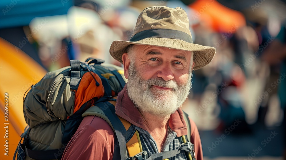 senior bearded grey haired man with backpack