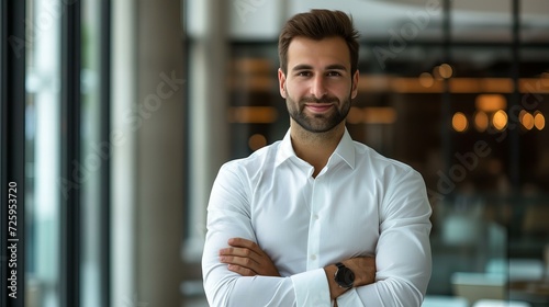 portrait of a young businessman in white shirt, hands folded, beard