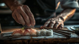 Preparing sushi, perfectionism, close-up view of hands making sushi