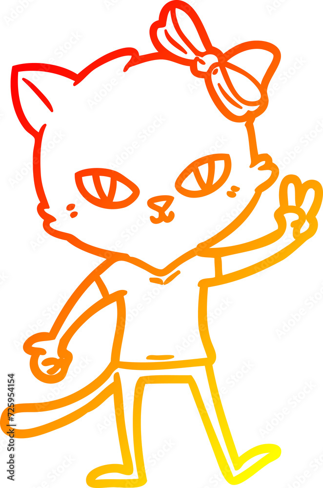 warm gradient line drawing cute cartoon cat girl giving peace sign