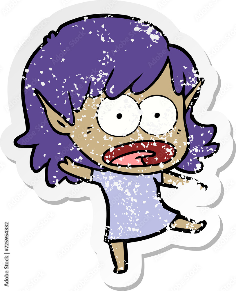 distressed sticker of a cartoon shocked elf girl distressed sticker of a cartoon shocked elf girl