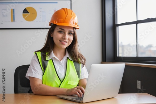 A professional female safety instructor in an office wearing a safety helmet and vest, embodying a corporate environment's commitment to workplace safety and professionalism.