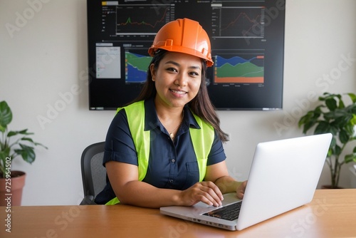 A professional female safety instructor in an office wearing a safety helmet and vest, embodying a corporate environment's commitment to workplace safety and professionalism.