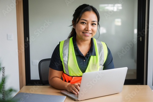 A professional female safety instructor in an office wearing a safety helmet and vest, embodying a corporate environment's commitment to workplace safety and professionalism.
