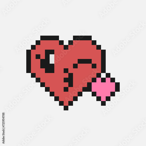 Pixel heart emoji. Face blowing kiss illustration. 90s style emoticon