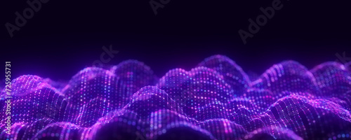 Dynamic blue wave of particles and lines. Abstract futuristic background. Big data visualization. 3D rendering.