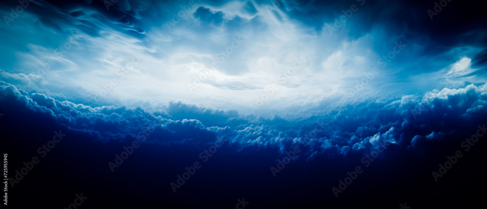 Ethereal blue clouds with beams in dark navy and white. Realistic yet dreamlike, high-angle view, chiaroscuro effect. Detailed and captivating
